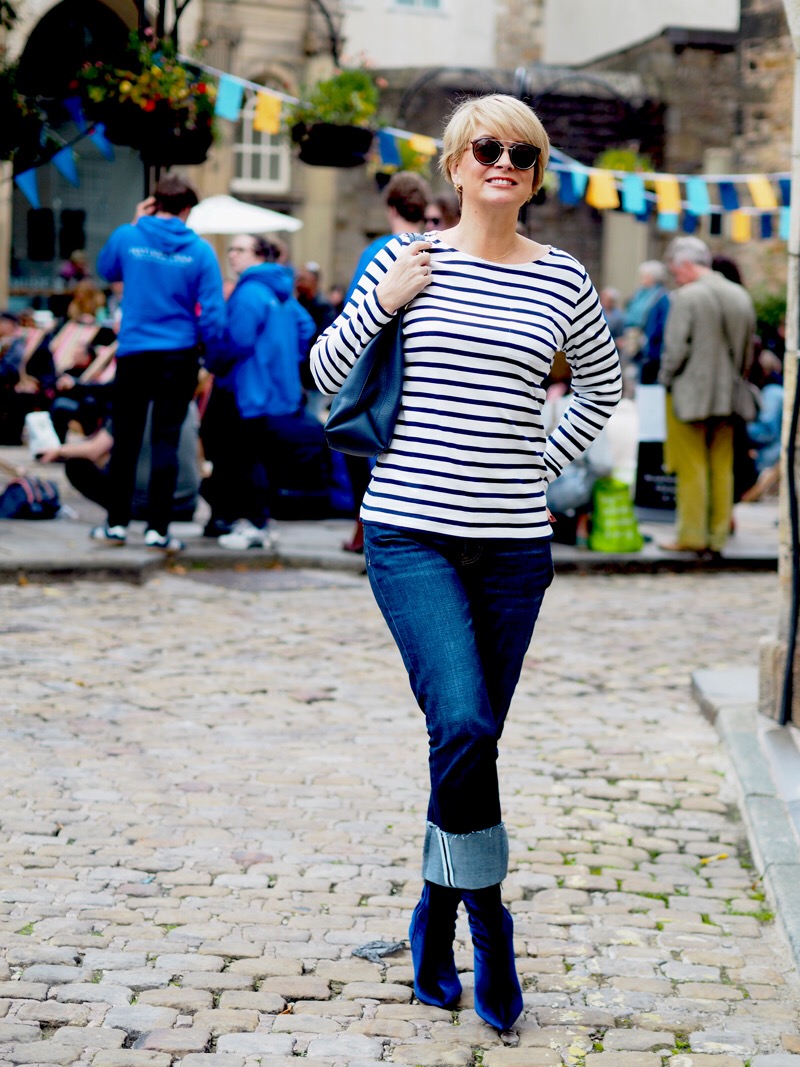 Breton, jeans and velvet boots