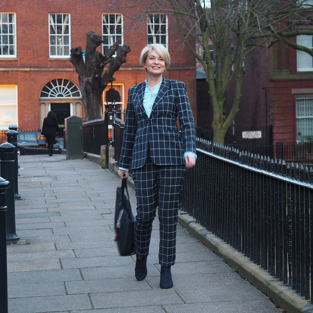 checked trouser suit, business