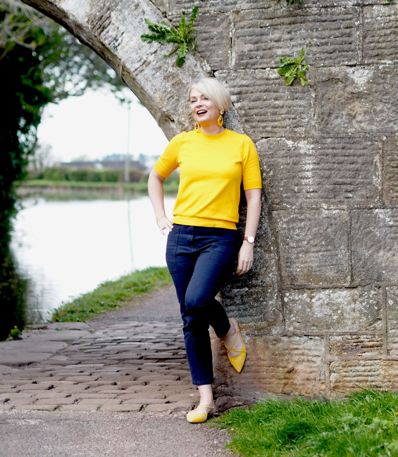 yellow and navy casual outfit idea - women over 40