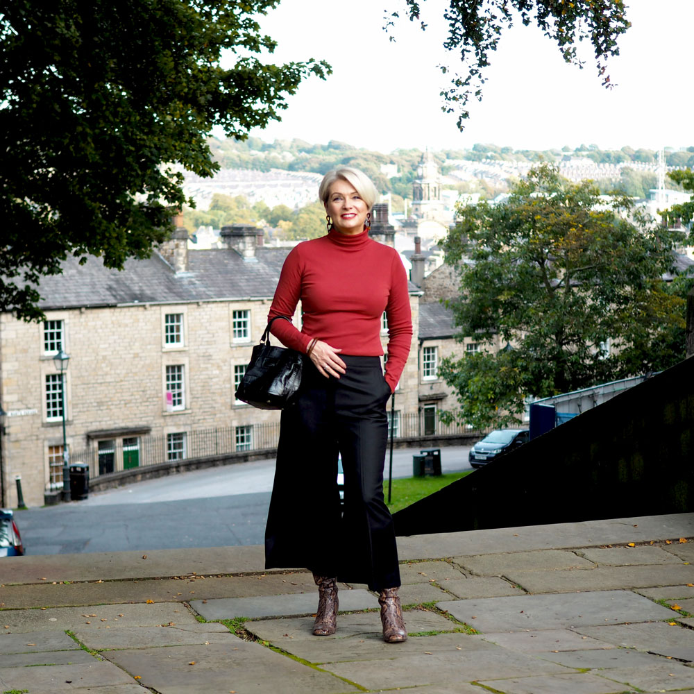 Boden-conker-and-black-standing Midlifechic Boden black culottes