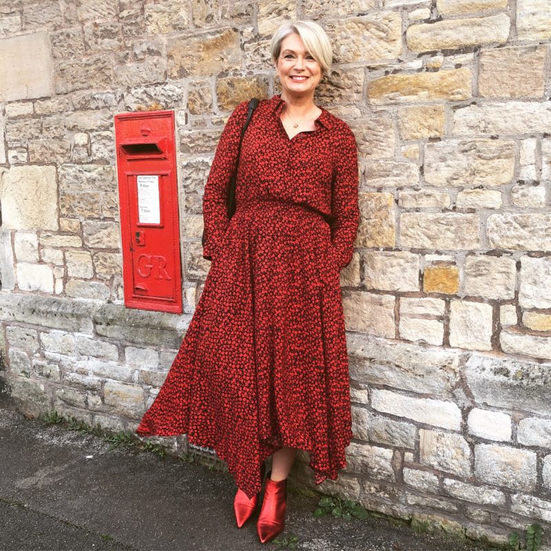Midlifechic red and black patterned dress