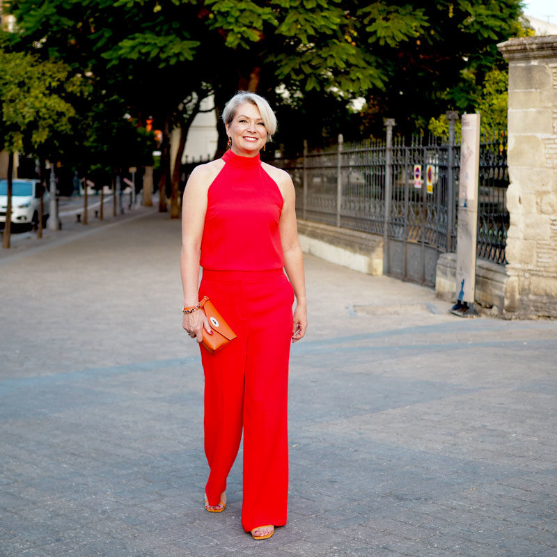 Red halter top and wide trouser outfit, Midlifechic