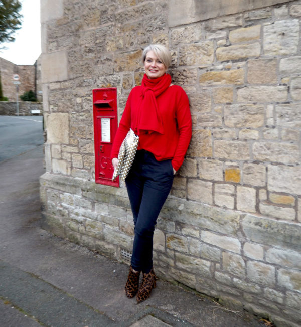Midlifechic red jumper, navy trousers