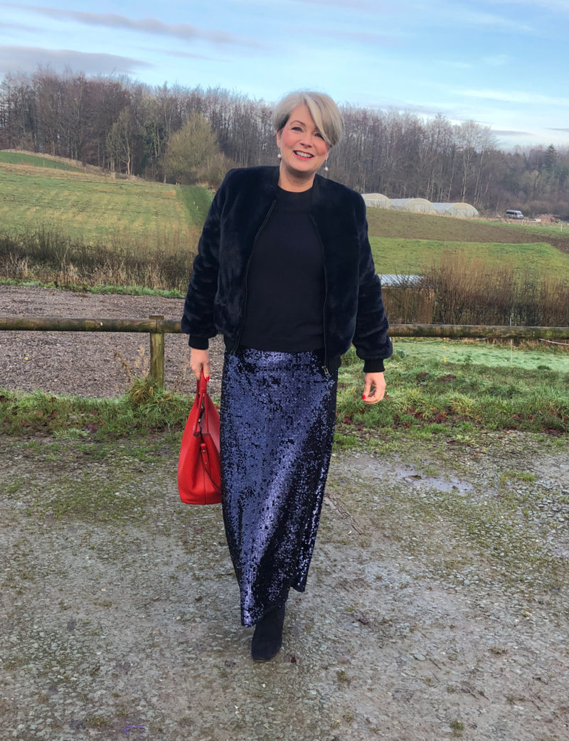 Midlifechic Christmas outfits blue sequin skirt and cashmere