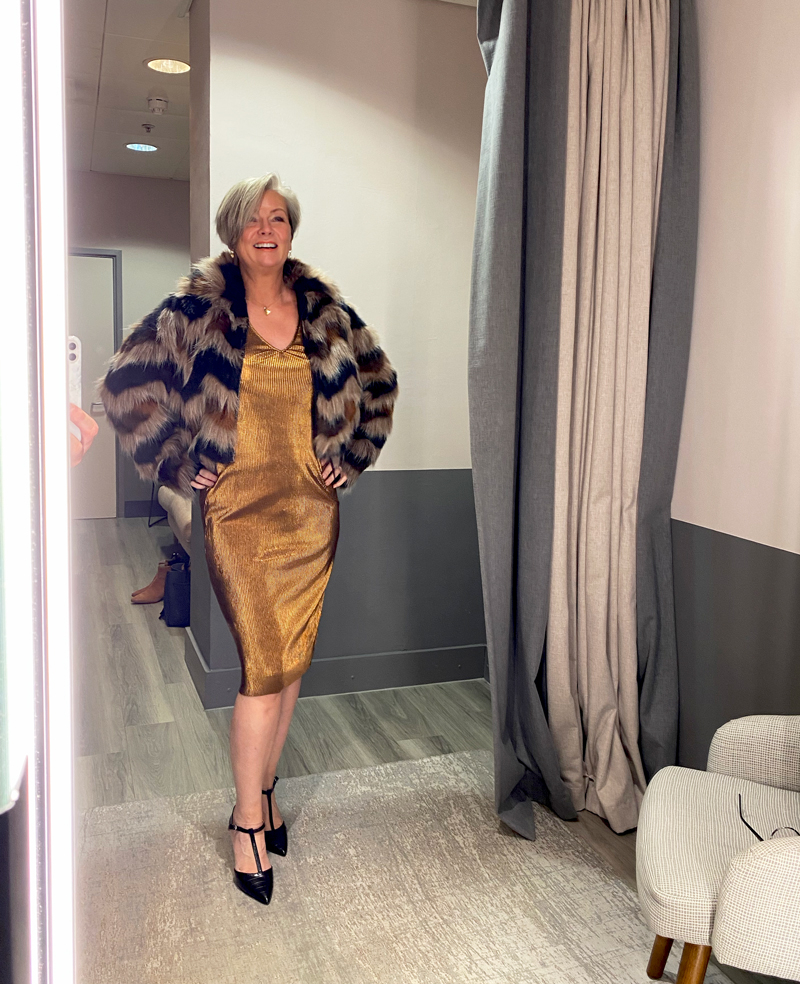Midlifechic French Connection gold dress try-on