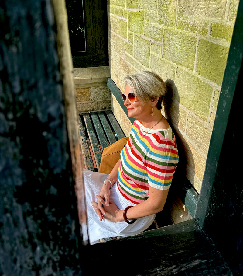 Boden-striped-tee-detail Midlife outfits for sunny weather