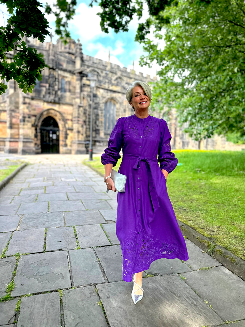 Boden-purple-linen-dress-full Nikki Garnett, Midlifechic, occasion dressing