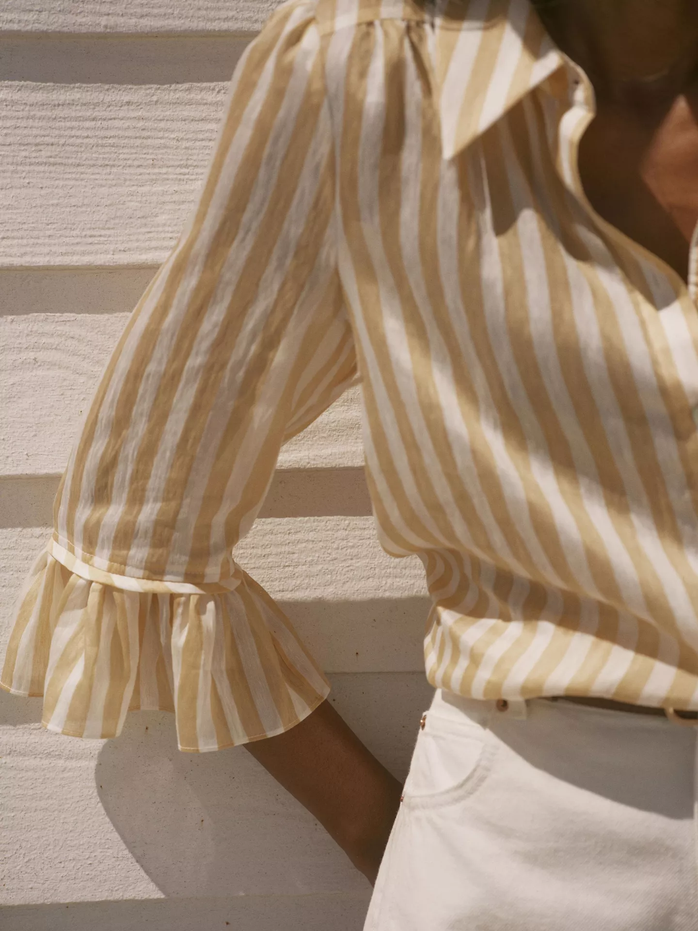 John Lewis linen and lyocell blend blouse with elasticated waist and frilled elbow detail, cut for apple shapes
