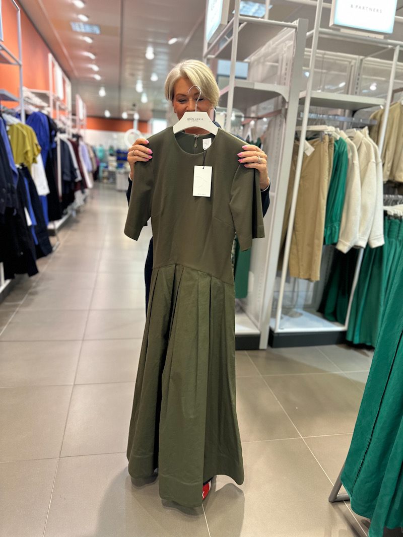 John Lewis khaki mixed media midi-dress with curved waist detailing designed with the midlife midriff in mind