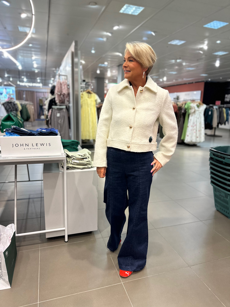 John Lewis ivory boucle jacket spotted in store, the same modern boucle style in a paler colourway