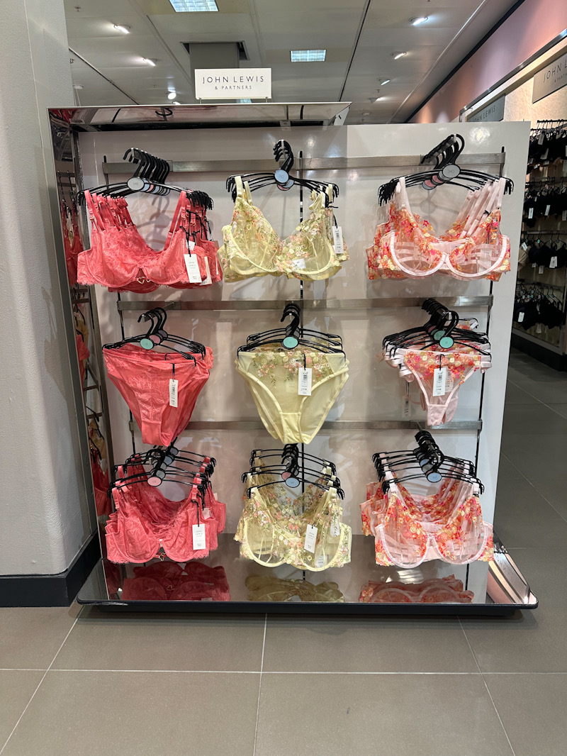 John Lewis new lingerie collection display showing the softly pretty pieces in store