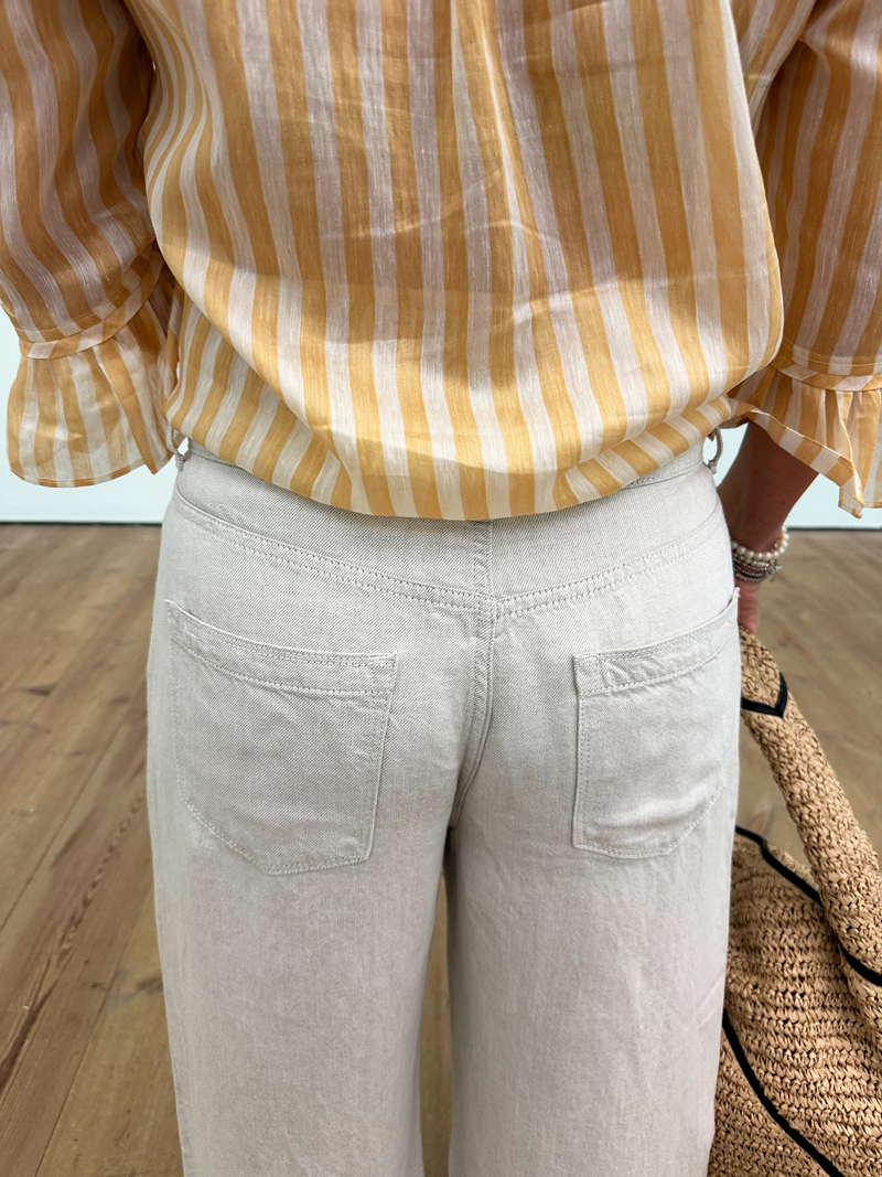 Close-up detail of John Lewis linen jeans showing the flat back yoke and slim front jeans pockets