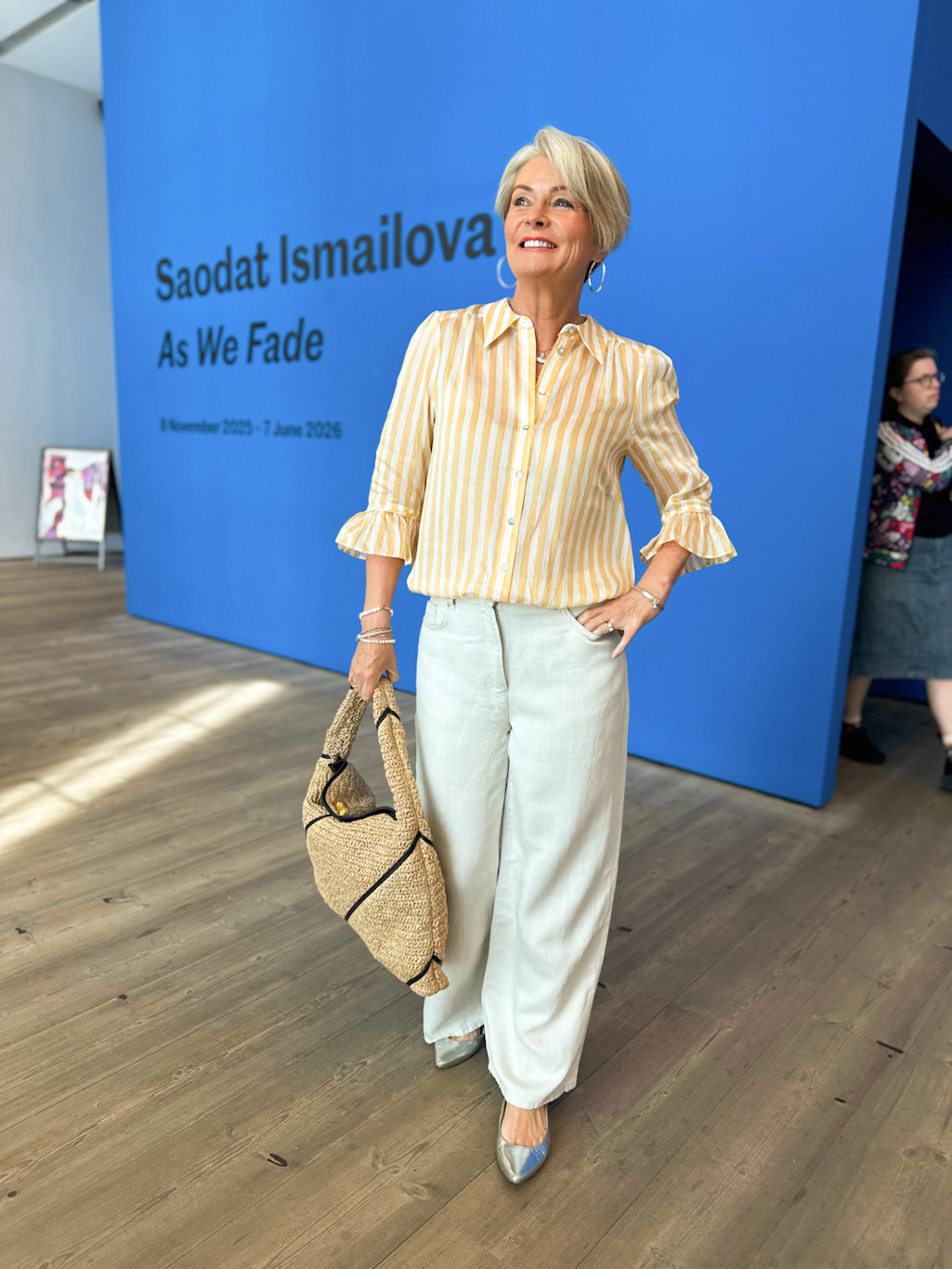 Nikki Garnett wearing the John Lewis linen blouse with linen jeans on Newcastle quayside