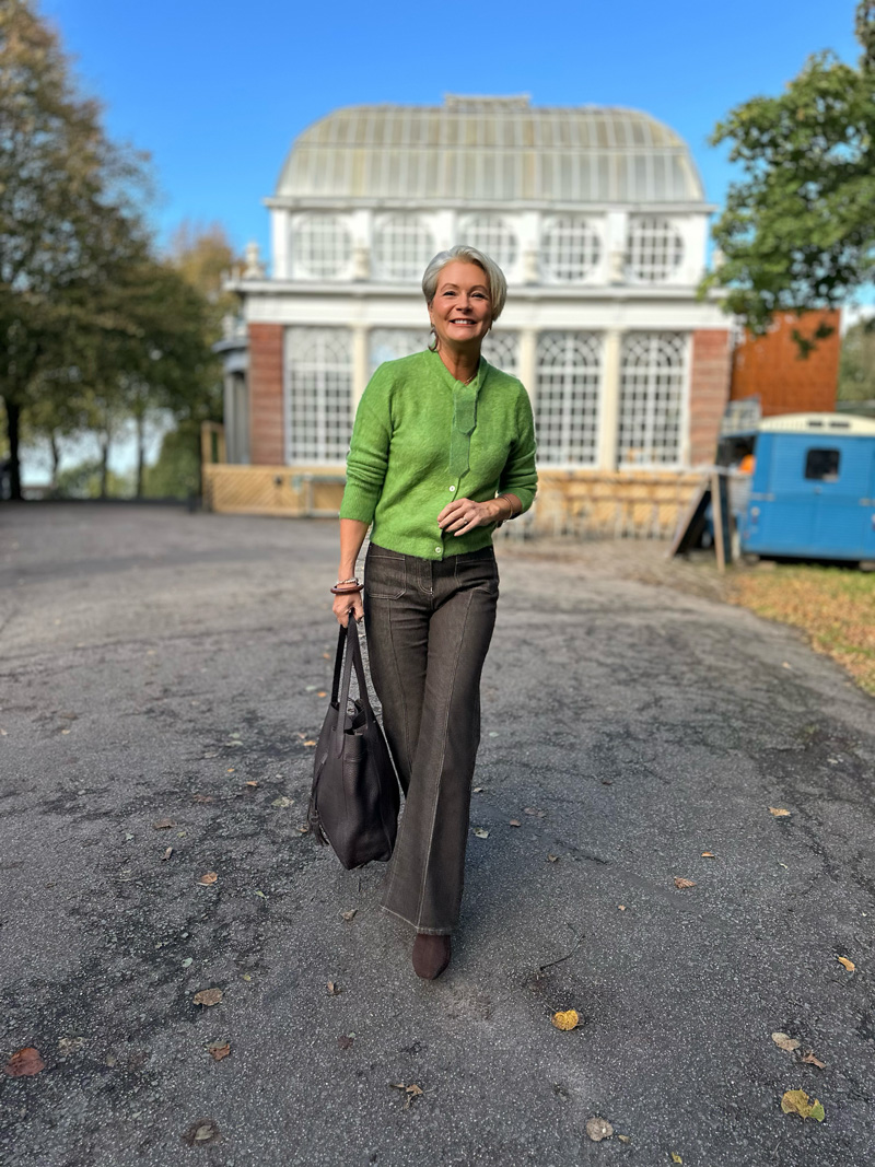 Green-jumper Brown flared jeans and green cardigan from John Lewis